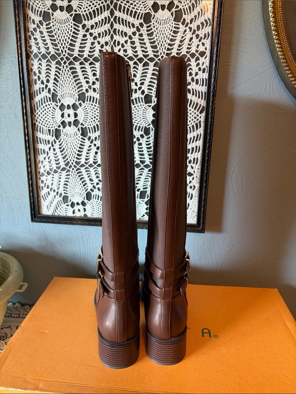 Unisa Brown Knee-High Leather Riding Boots with Buckle Straps